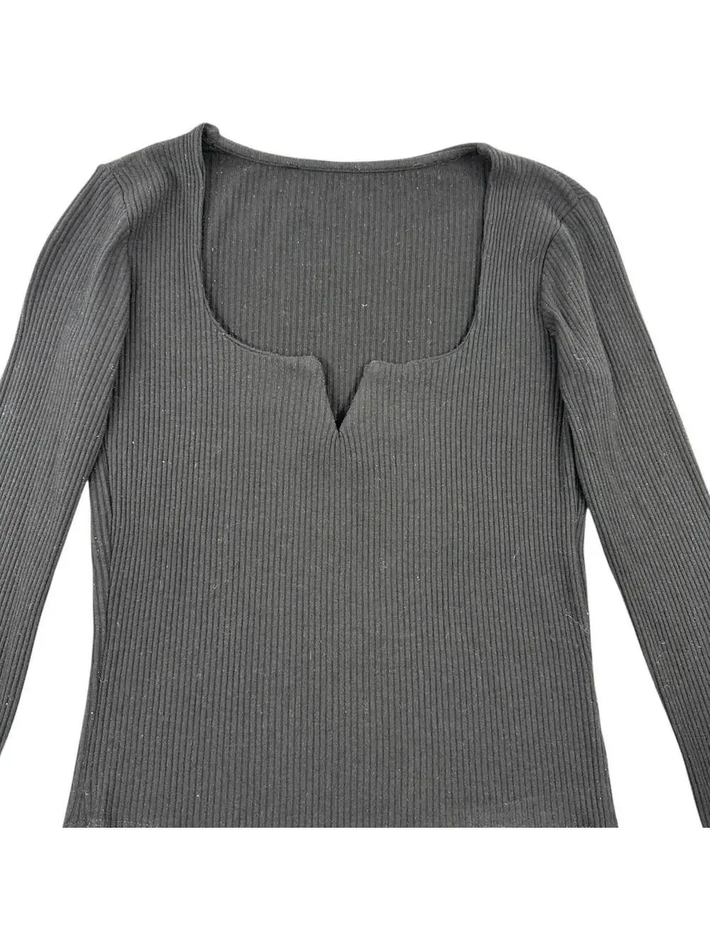 Black Ribbed Long Sleeve Top with Notch Neckline Y2K Minimalist Preppy